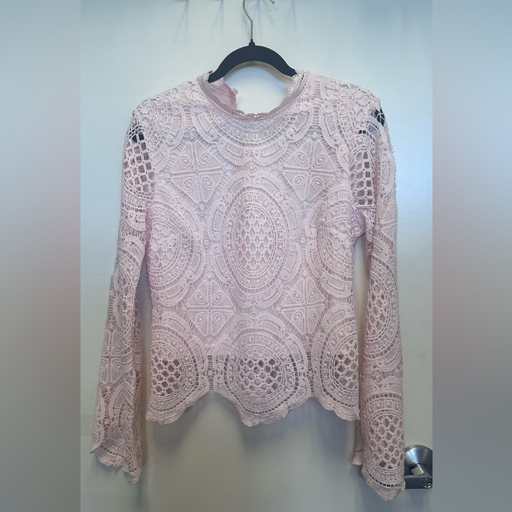 Ultra Pink Pink Crochet Lace Long Sleeve Blouse
